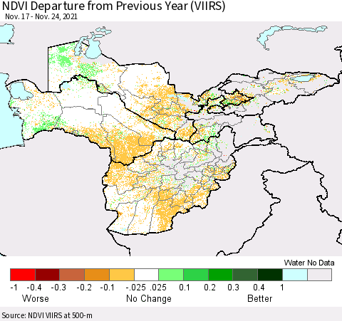 Central Asia NDVI Departure from Previous Year (VIIRS) Thematic Map For 11/17/2021 - 11/24/2021