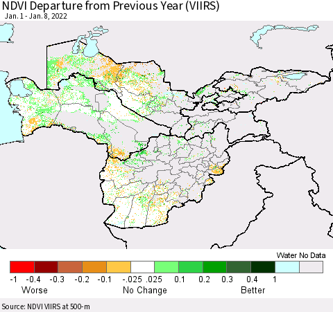 Central Asia NDVI Departure from Previous Year (VIIRS) Thematic Map For 1/1/2022 - 1/8/2022