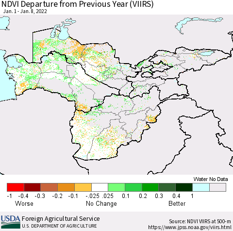 Central Asia NDVI Departure from Previous Year (VIIRS) Thematic Map For 1/1/2022 - 1/10/2022