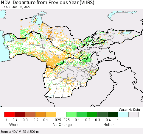Central Asia NDVI Departure from Previous Year (VIIRS) Thematic Map For 1/9/2022 - 1/16/2022