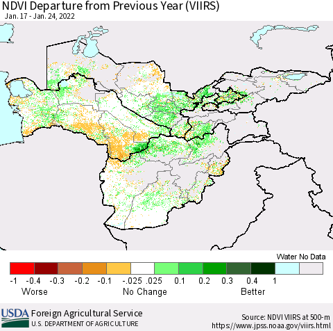 Central Asia NDVI Departure from Previous Year (VIIRS) Thematic Map For 1/21/2022 - 1/31/2022
