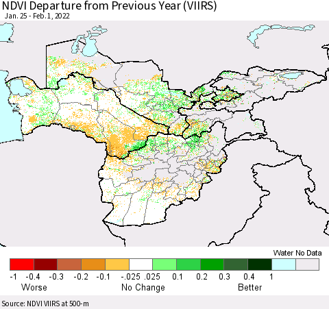 Central Asia NDVI Departure from Previous Year (VIIRS) Thematic Map For 1/25/2022 - 2/1/2022