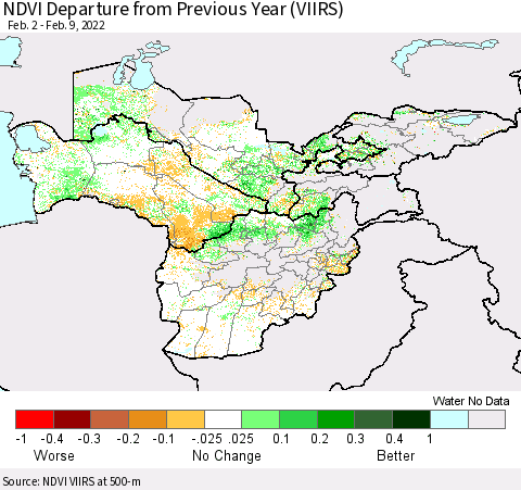Central Asia NDVI Departure from Previous Year (VIIRS) Thematic Map For 2/2/2022 - 2/9/2022