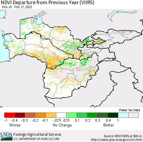 Central Asia NDVI Departure from Previous Year (VIIRS) Thematic Map For 2/11/2022 - 2/20/2022
