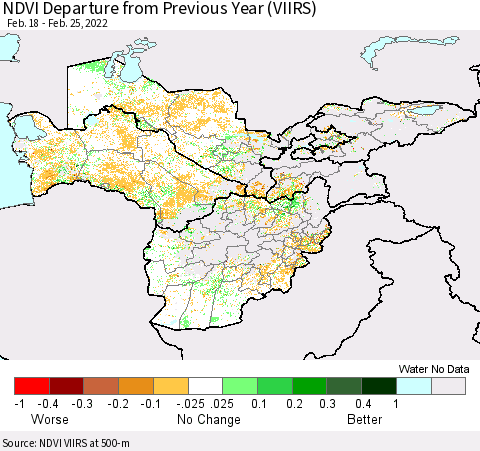 Central Asia NDVI Departure from Previous Year (VIIRS) Thematic Map For 2/18/2022 - 2/25/2022
