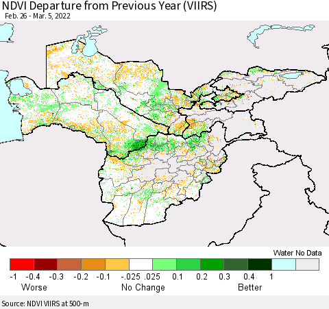 Central Asia NDVI Departure from Previous Year (VIIRS) Thematic Map For 2/26/2022 - 3/5/2022