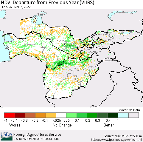 Central Asia NDVI Departure from Previous Year (VIIRS) Thematic Map For 3/1/2022 - 3/10/2022