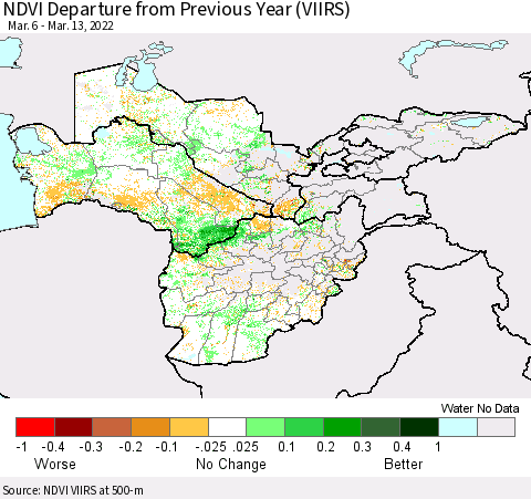 Central Asia NDVI Departure from Previous Year (VIIRS) Thematic Map For 3/6/2022 - 3/13/2022
