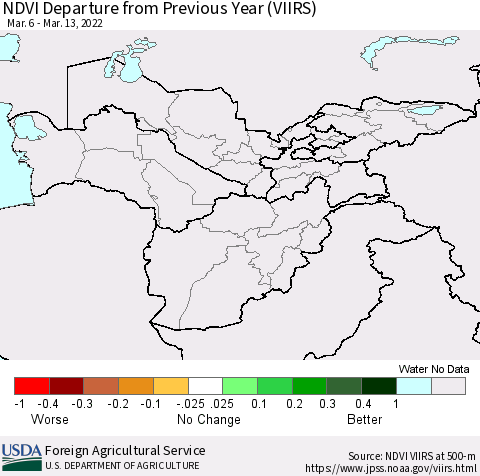 Central Asia NDVI Departure from Previous Year (VIIRS) Thematic Map For 3/11/2022 - 3/20/2022