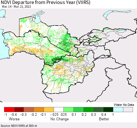 Central Asia NDVI Departure from Previous Year (VIIRS) Thematic Map For 3/14/2022 - 3/21/2022