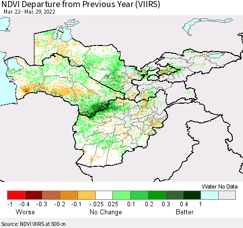 Central Asia NDVI Departure from Previous Year (VIIRS) Thematic Map For 3/22/2022 - 3/29/2022