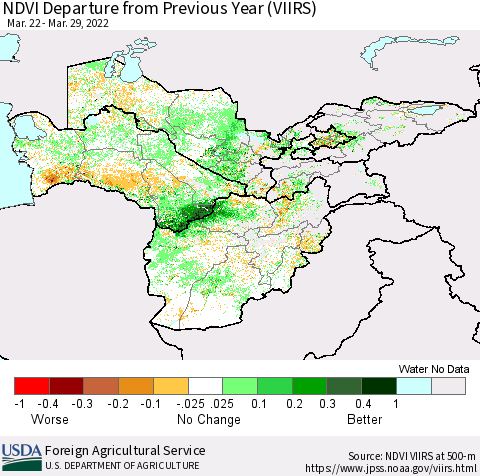 Central Asia NDVI Departure from Previous Year (VIIRS) Thematic Map For 3/21/2022 - 3/31/2022