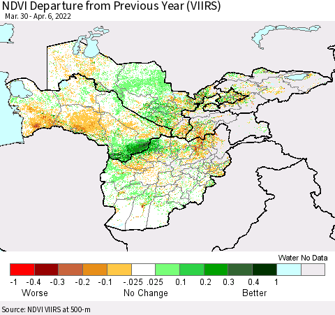 Central Asia NDVI Departure from Previous Year (VIIRS) Thematic Map For 3/30/2022 - 4/6/2022