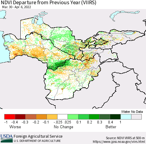 Central Asia NDVI Departure from Previous Year (VIIRS) Thematic Map For 4/1/2022 - 4/10/2022