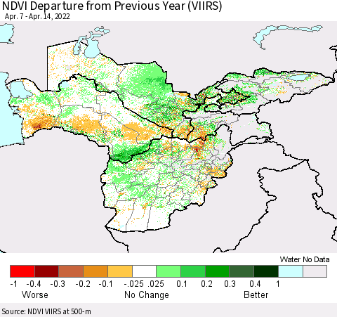 Central Asia NDVI Departure from Previous Year (VIIRS) Thematic Map For 4/7/2022 - 4/14/2022