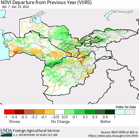 Central Asia NDVI Departure from Previous Year (VIIRS) Thematic Map For 4/11/2022 - 4/20/2022