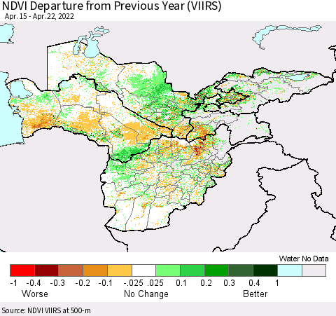 Central Asia NDVI Departure from Previous Year (VIIRS) Thematic Map For 4/15/2022 - 4/22/2022