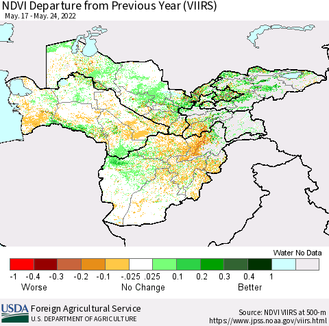 Central Asia NDVI Departure from Previous Year (VIIRS) Thematic Map For 5/21/2022 - 5/31/2022