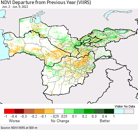 Central Asia NDVI Departure from Previous Year (VIIRS) Thematic Map For 6/2/2022 - 6/9/2022