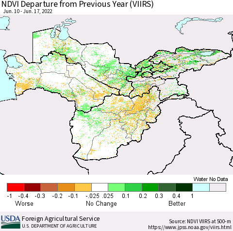Central Asia NDVI Departure from Previous Year (VIIRS) Thematic Map For 6/11/2022 - 6/20/2022