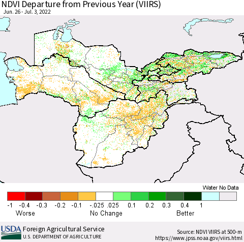 Central Asia NDVI Departure from Previous Year (VIIRS) Thematic Map For 7/1/2022 - 7/10/2022