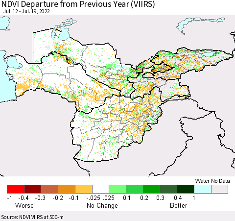 Central Asia NDVI Departure from Previous Year (VIIRS) Thematic Map For 7/12/2022 - 7/19/2022