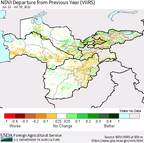 Central Asia NDVI Departure from Previous Year (VIIRS) Thematic Map For 7/11/2022 - 7/20/2022
