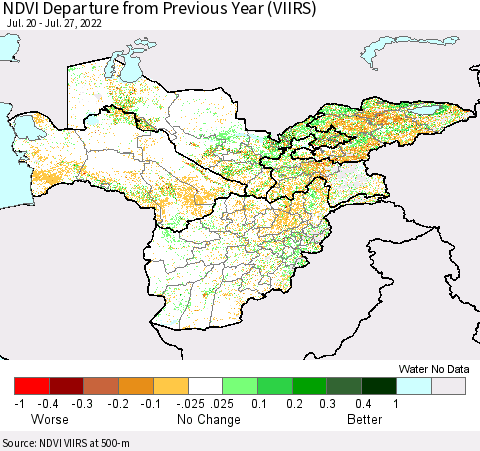 Central Asia NDVI Departure from Previous Year (VIIRS) Thematic Map For 7/20/2022 - 7/27/2022