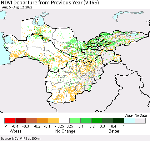 Central Asia NDVI Departure from Previous Year (VIIRS) Thematic Map For 8/5/2022 - 8/12/2022