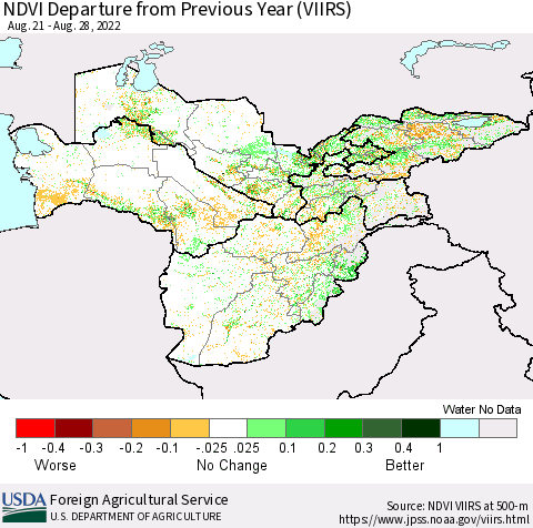 Central Asia NDVI Departure from Previous Year (VIIRS) Thematic Map For 8/21/2022 - 8/31/2022