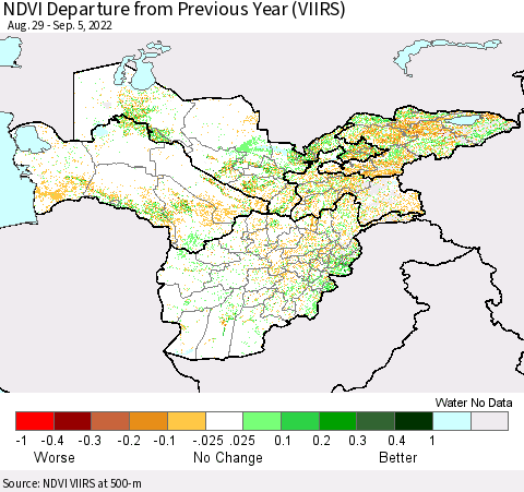 Central Asia NDVI Departure from Previous Year (VIIRS) Thematic Map For 8/29/2022 - 9/5/2022