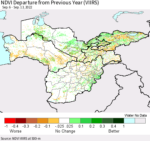 Central Asia NDVI Departure from Previous Year (VIIRS) Thematic Map For 9/6/2022 - 9/13/2022