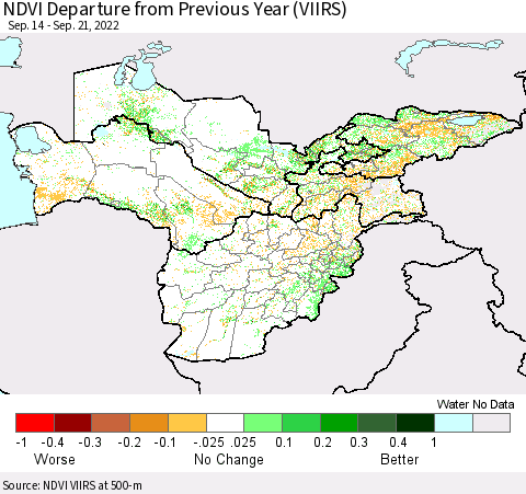 Central Asia NDVI Departure from Previous Year (VIIRS) Thematic Map For 9/14/2022 - 9/21/2022