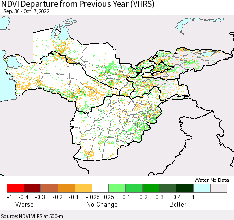 Central Asia NDVI Departure from Previous Year (VIIRS) Thematic Map For 9/30/2022 - 10/7/2022