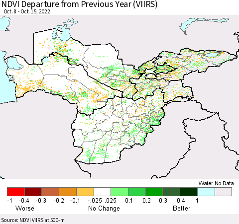Central Asia NDVI Departure from Previous Year (VIIRS) Thematic Map For 10/8/2022 - 10/15/2022