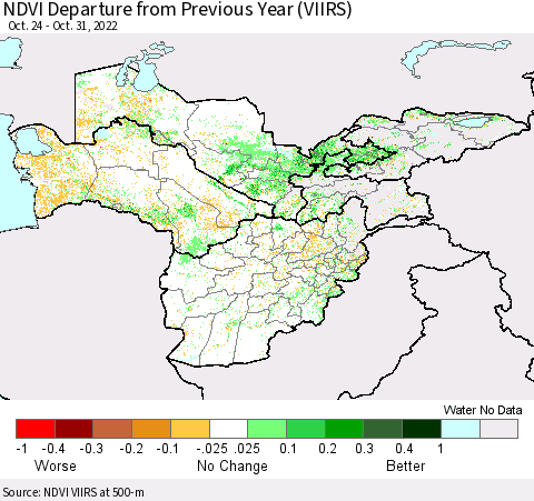 Central Asia NDVI Departure from Previous Year (VIIRS) Thematic Map For 10/24/2022 - 10/31/2022