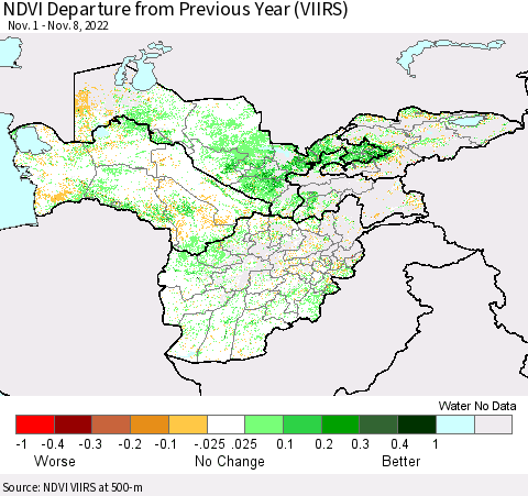 Central Asia NDVI Departure from Previous Year (VIIRS) Thematic Map For 11/1/2022 - 11/8/2022