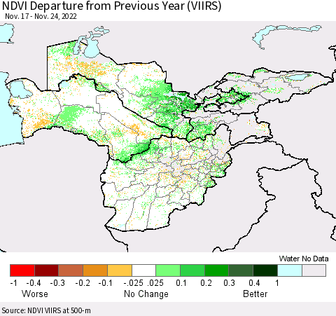 Central Asia NDVI Departure from Previous Year (VIIRS) Thematic Map For 11/17/2022 - 11/24/2022