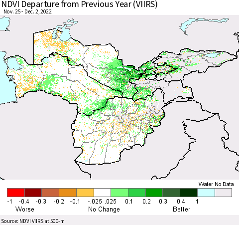 Central Asia NDVI Departure from Previous Year (VIIRS) Thematic Map For 11/25/2022 - 12/2/2022