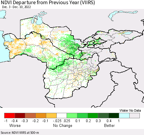 Central Asia NDVI Departure from Previous Year (VIIRS) Thematic Map For 12/3/2022 - 12/10/2022