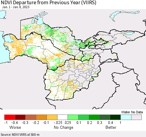 Central Asia NDVI Departure from Previous Year (VIIRS) Thematic Map For 1/1/2023 - 1/8/2023
