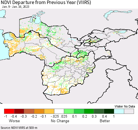 Central Asia NDVI Departure from Previous Year (VIIRS) Thematic Map For 1/9/2023 - 1/16/2023