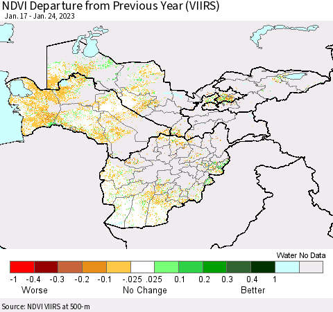 Central Asia NDVI Departure from Previous Year (VIIRS) Thematic Map For 1/17/2023 - 1/24/2023