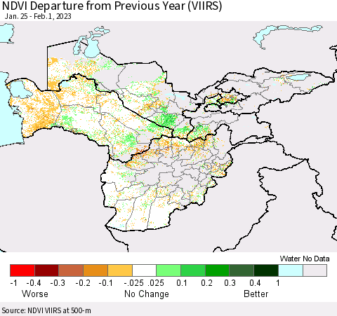 Central Asia NDVI Departure from Previous Year (VIIRS) Thematic Map For 1/25/2023 - 2/1/2023