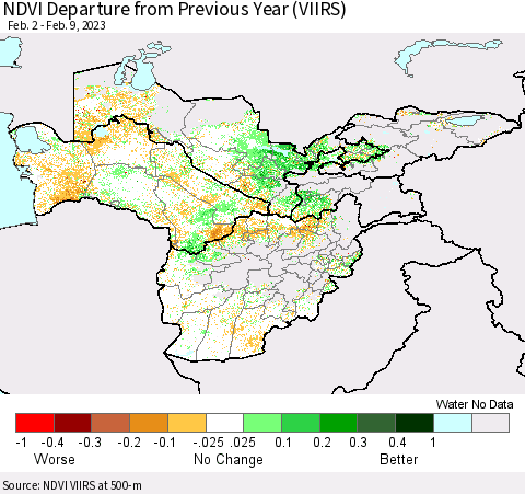 Central Asia NDVI Departure from Previous Year (VIIRS) Thematic Map For 2/2/2023 - 2/9/2023