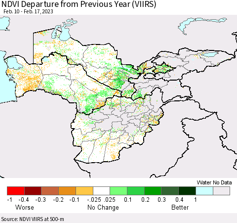 Central Asia NDVI Departure from Previous Year (VIIRS) Thematic Map For 2/10/2023 - 2/17/2023