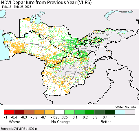 Central Asia NDVI Departure from Previous Year (VIIRS) Thematic Map For 2/18/2023 - 2/25/2023