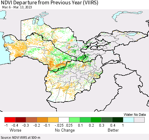 Central Asia NDVI Departure from Previous Year (VIIRS) Thematic Map For 3/6/2023 - 3/13/2023