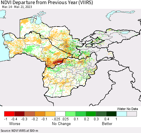 Central Asia NDVI Departure from Previous Year (VIIRS) Thematic Map For 3/14/2023 - 3/21/2023