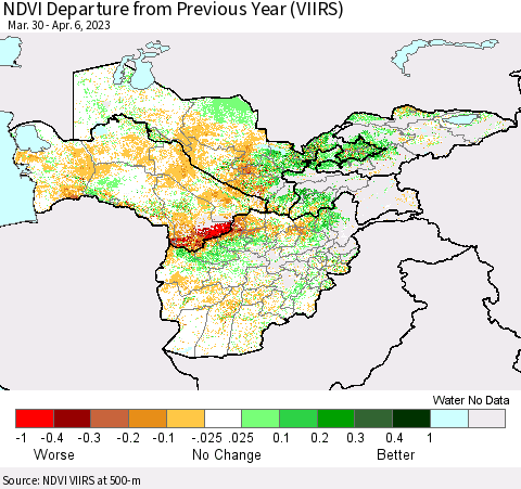 Central Asia NDVI Departure from Previous Year (VIIRS) Thematic Map For 3/30/2023 - 4/6/2023